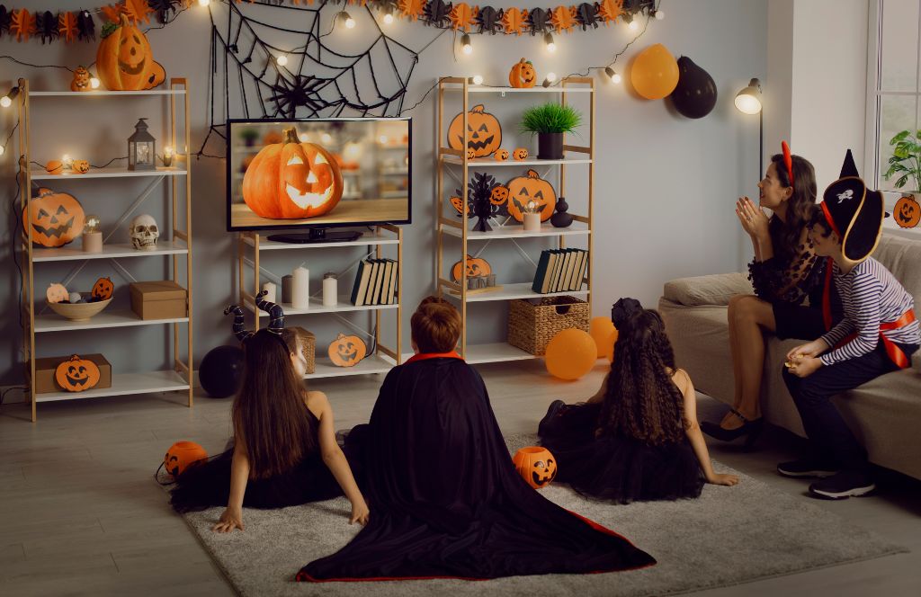 los niños ven una película de miedo como actividad divertida de halloween