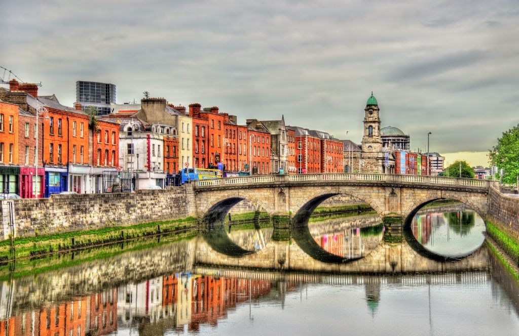 famous bridge in dublin with traditional irish buildings